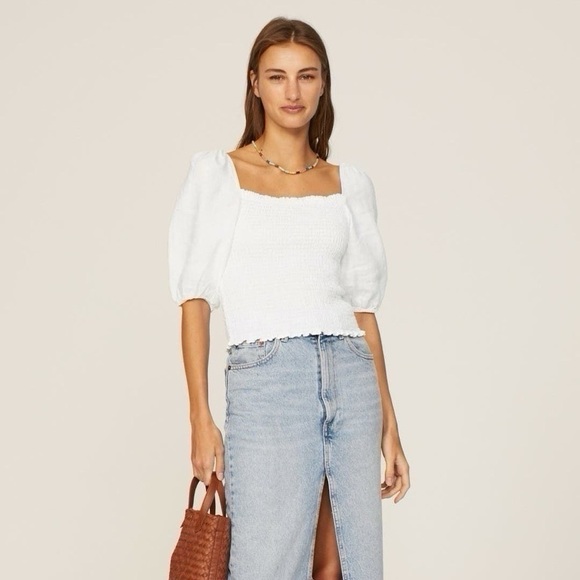 NEW Faherty Women’s Frankie Puff Sleeve Smocked Top White - Picture 2 of 7